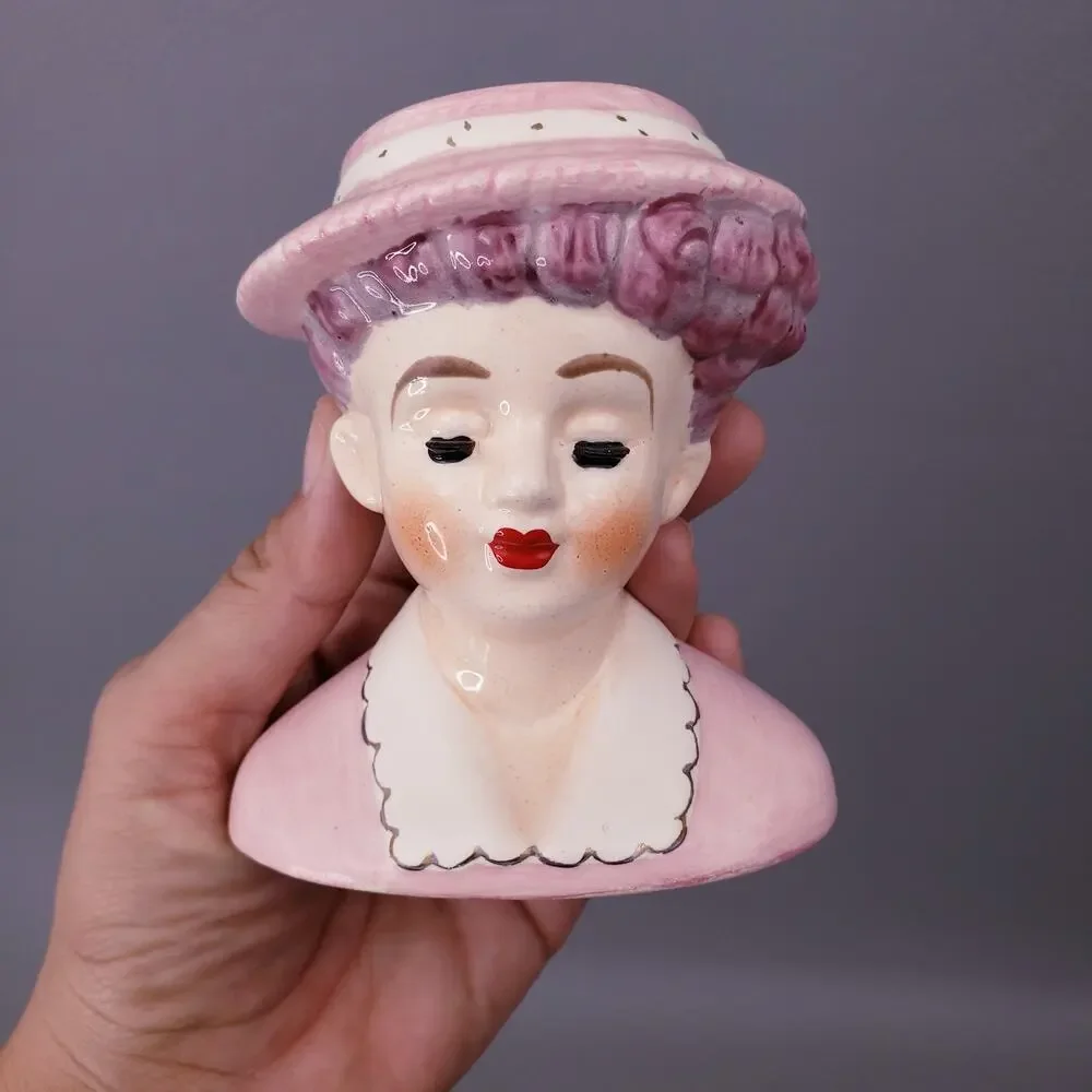 Vintage 1950's Lady Head Vase Pink Dress White Collar Pink Hat